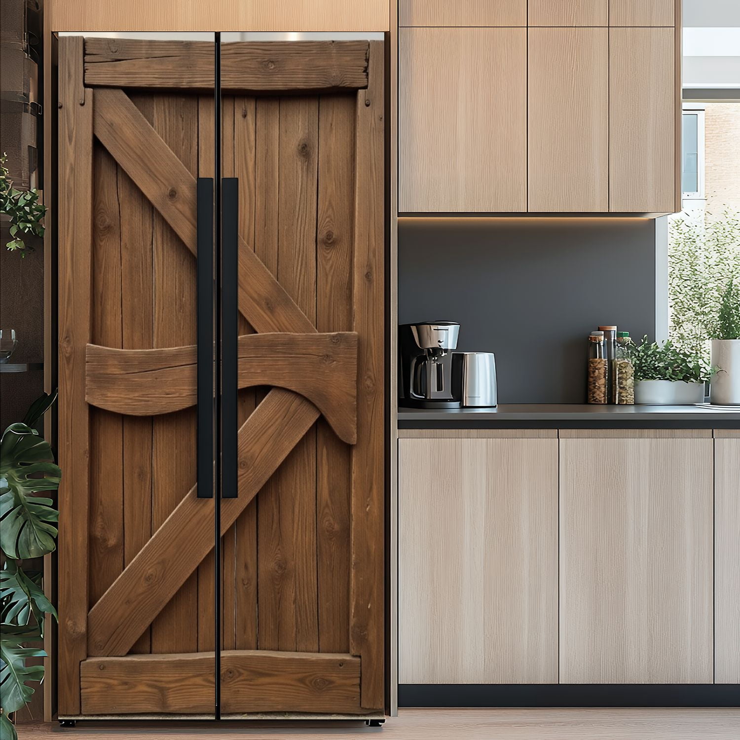 Self Adhesive Vinyl Refrigerator Wrap Set Rustic Wooden Barn Doors Diagonal Bracing Natural Door Mural Removable Fridge Sticker Peel and Stick&nbsp;Full Door Cover Decal Kitchen Bar Decor