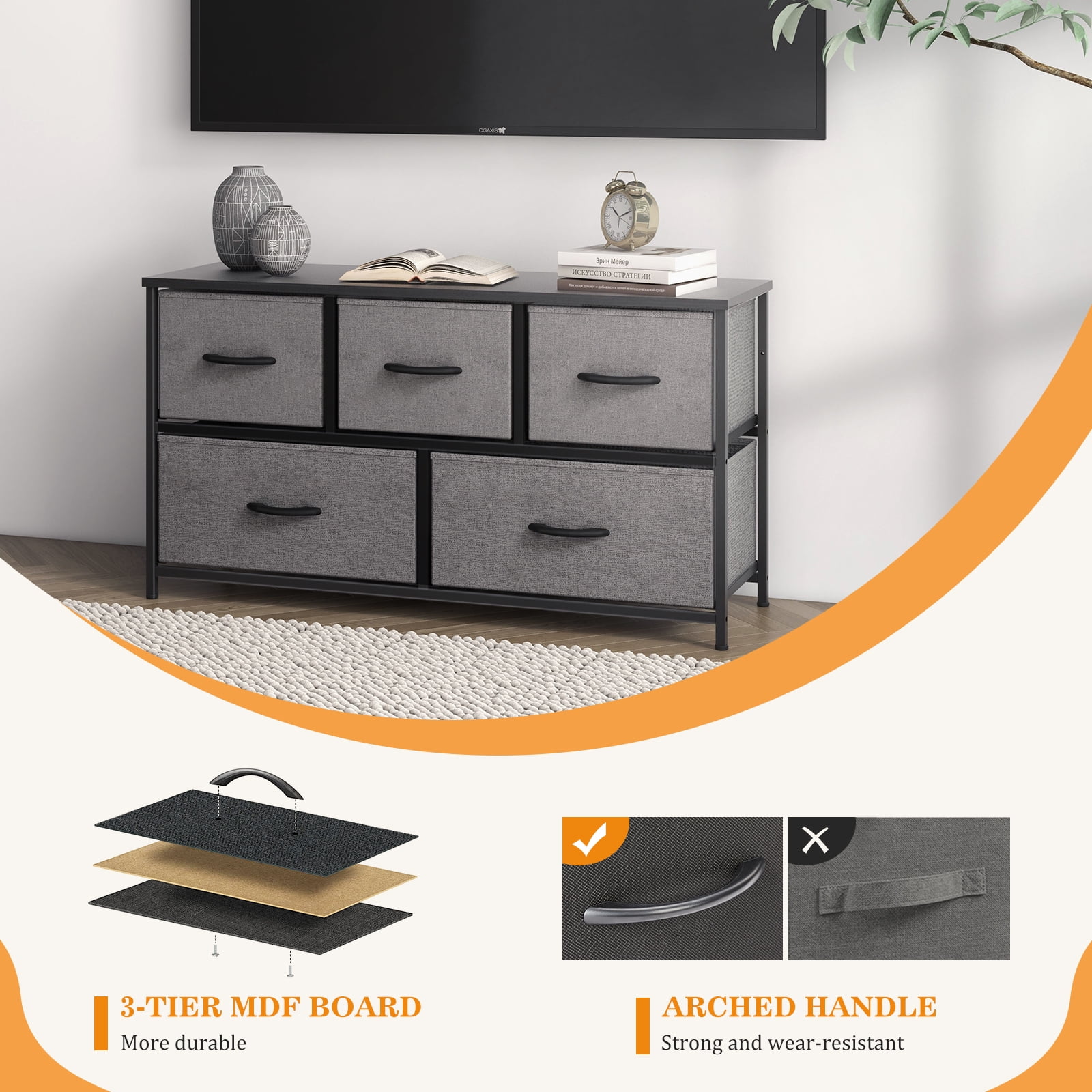 Aukfa 5 Drawer Dresser,Wide Chest of Drawers for Bedroom with Metal Frame for TV,Gray