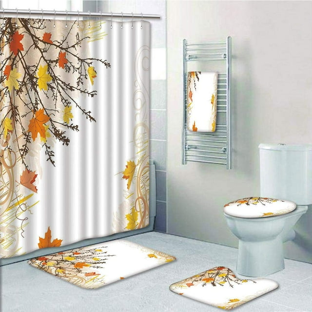 EREHome Nature Automne Feuilles d'Érable Branches dans les Tons de Terre d'Automne Délavé Bois 5 Pièce Salle de Bain Ensemble Douche Rideau Serviette de Bain Tapis de Bain Contour Tapis et Couverture de Couvercle de Toilette