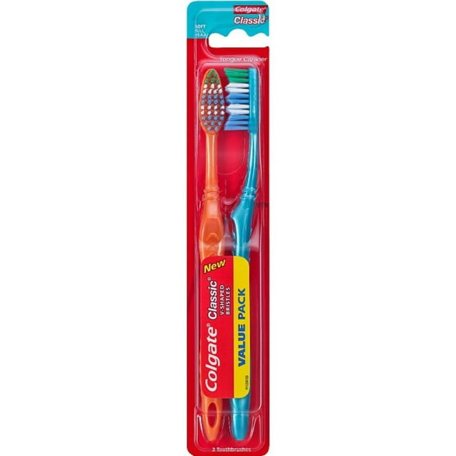Colgate Classic V-Shaped Bristles Toothbrush with Tongue Cleaner Value Pack, 2 Count