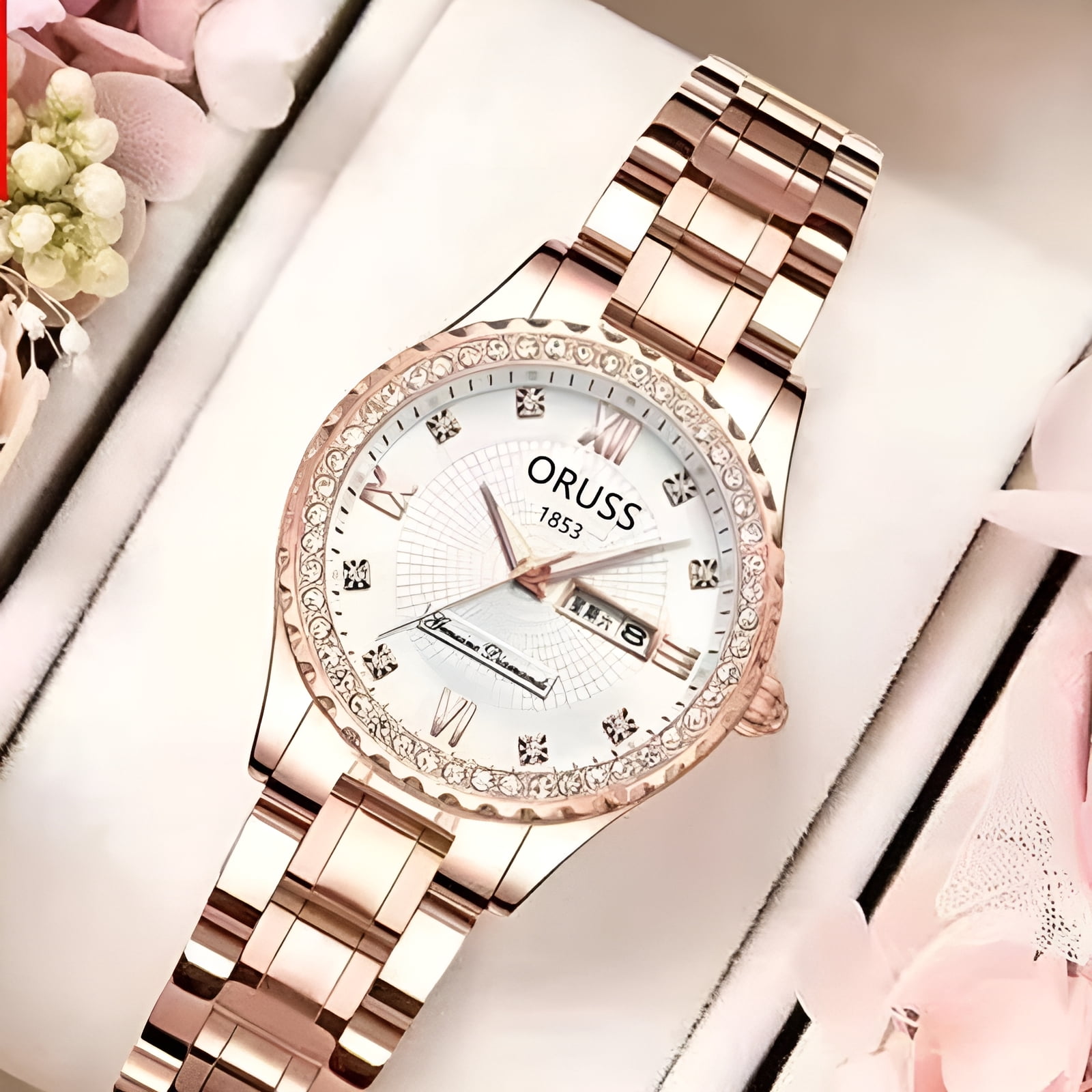 Women's Diamond Quartz Watch, Date Day Display, Luminous, Stainless Steel Band, Luxury Wristwatch
