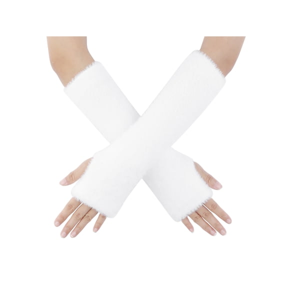 Women's Faux Fur Glove Fingerless Wrist Thumbhole Short Female Sleeve for Christmas Party Windproof Warmer Plush White