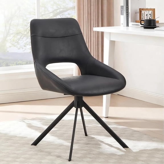 Zesthouse Modern Desk Chair No Wheels, Swivel Vanity Chair with Hollow Back, Armless Home Office Chair for Girls Women, Black Faux Leather Computer Task Chair for Bedroom