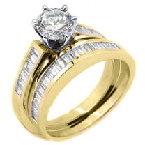 14k Yellow Gold 1.50 Carats Round & Baguette Diamond Engagement Ring Bridal Set