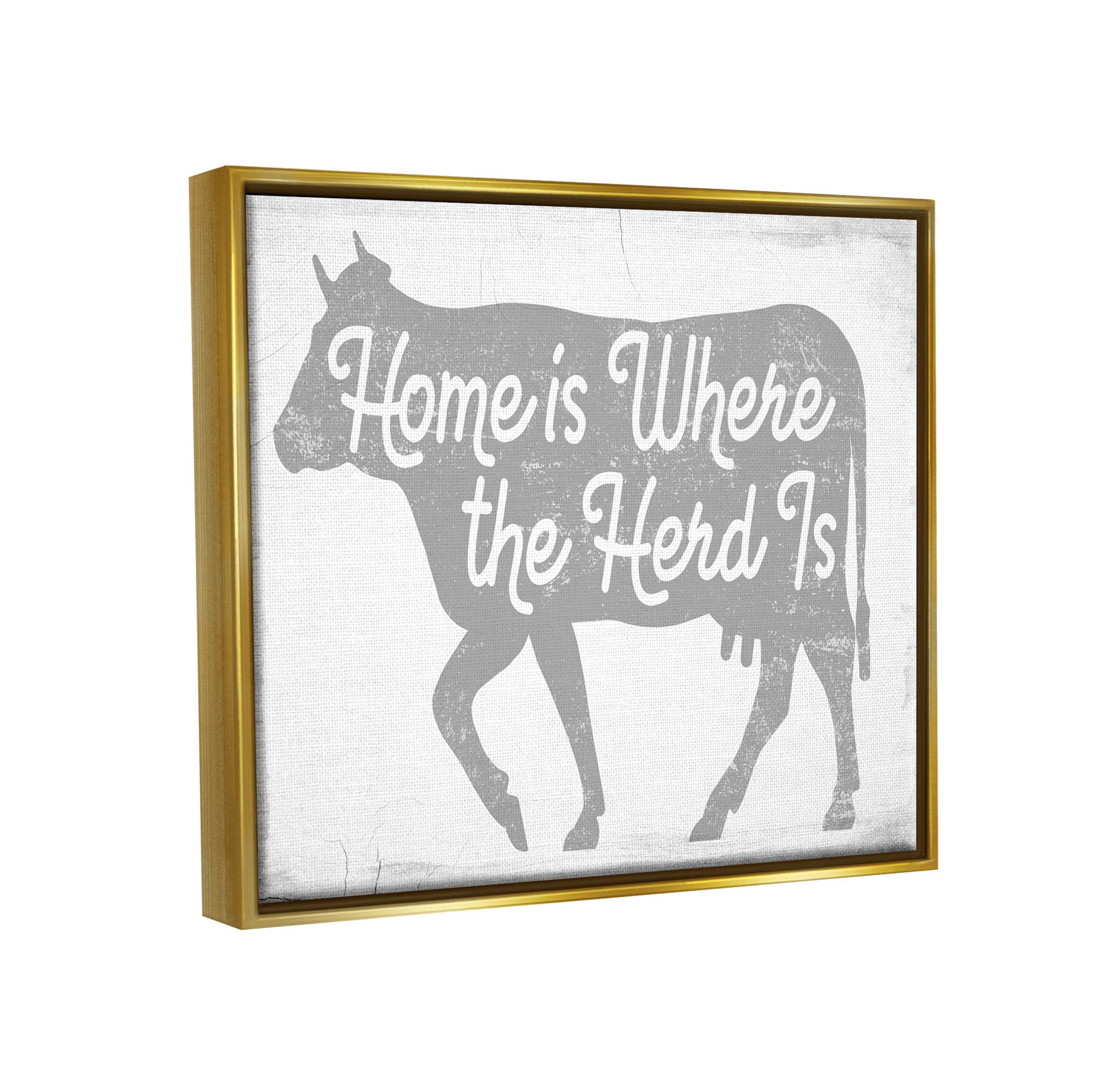 Stupell Industries Home Is Where Herd Is Phrase Graphic Art Metallic Gold Floating Framed Canvas Print Wall Art, Design by Lil' Rue