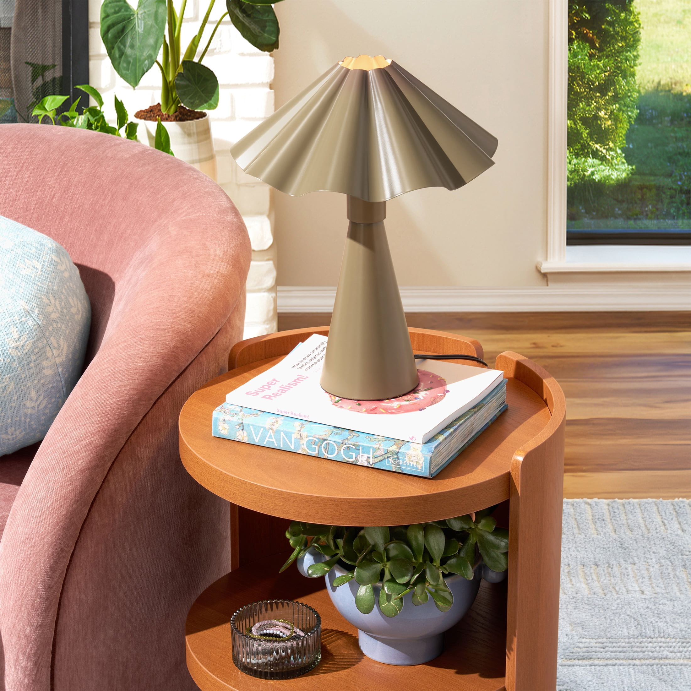 Beautiful 14" Porcini Taupe Ruffled Enamel Table Lamp by Drew Barrymore