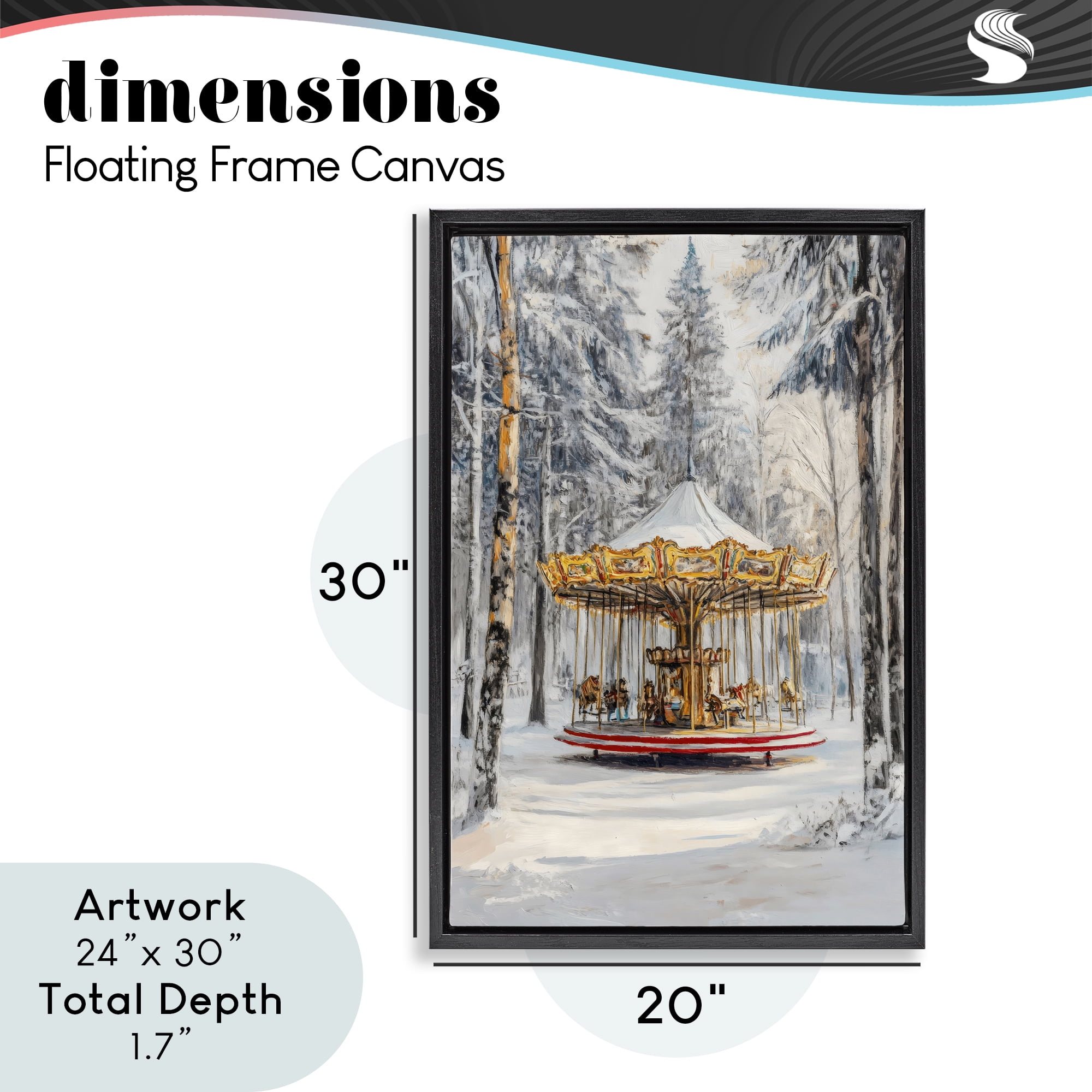Winter Wonderland Carousel Black Framed Floater Canvas Wall Art, design by Petal Prints Design