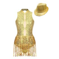 TiaoBug Womens Sparkle Sequin Sleeveless Leotard with Hat Modern Tap Fringed Skirt Dancewear Dance Outfit Costume Gold M