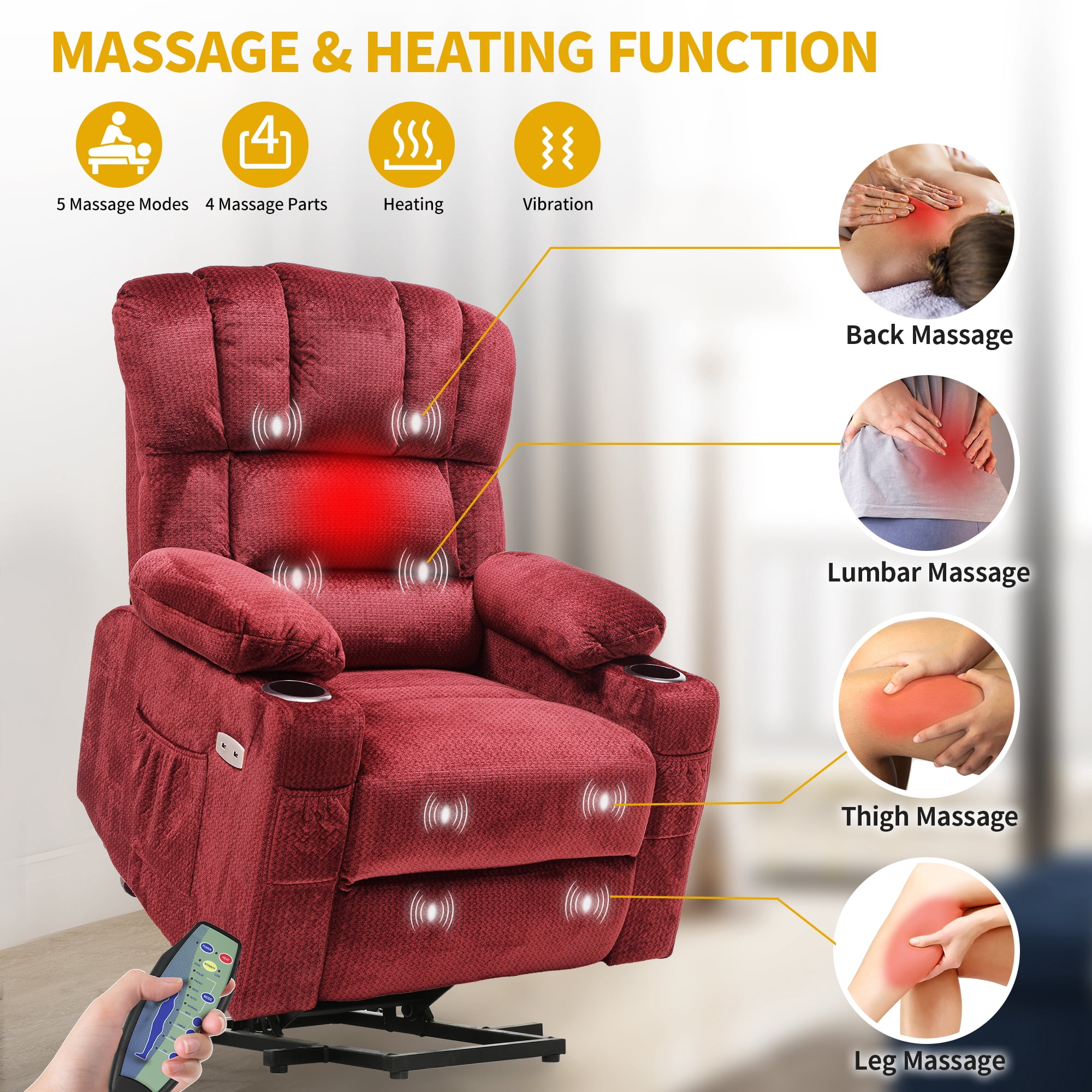 Dextrus Power Lift Recliners Chair for Elderly with Heat and Massage Electric Recliner Chair for Living Room, 2 Cup Holders, Front and Side Pockets, Remote Control - Red