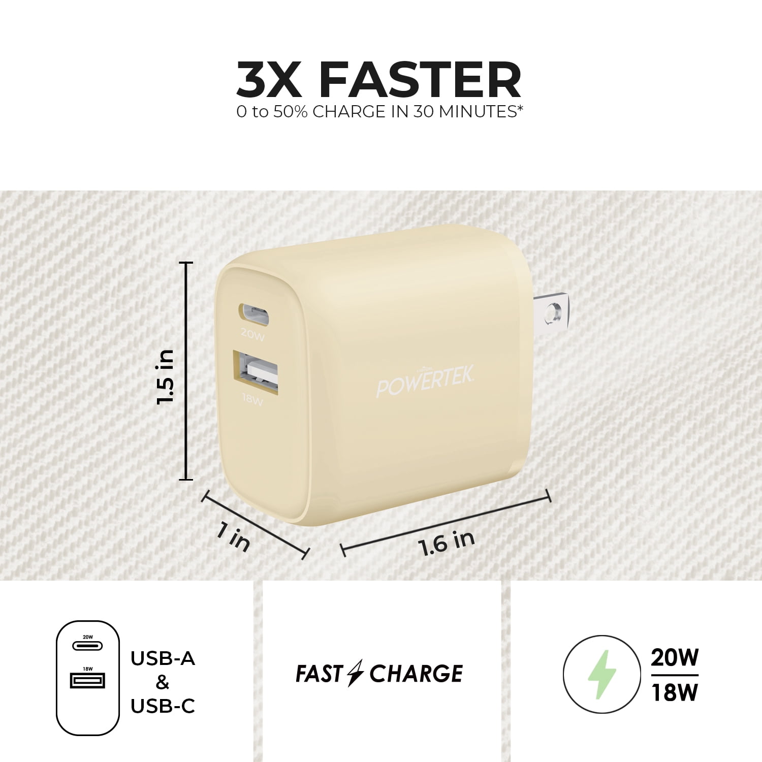 Liquipel Powertek Denim Dual USB-A / USB-C Wall Charger - Cream