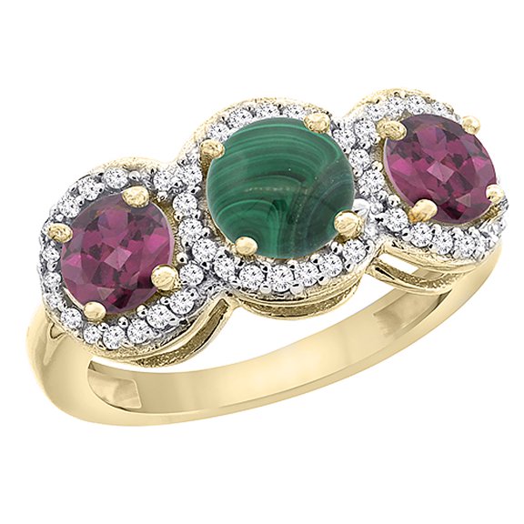 14K Yellow Gold Natural Malachite & Rhodolite Sides Round 3-stone Ring Diamond Accents, size 8.5