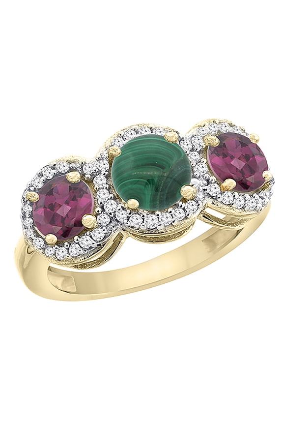 14K Yellow Gold Natural Malachite & Rhodolite Sides Round 3-stone Ring Diamond Accents, size 8.5
