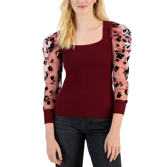 Crave Fame Juniors’ Square-Neck Velvet-Flocked Sweater, Burgundy, Medium