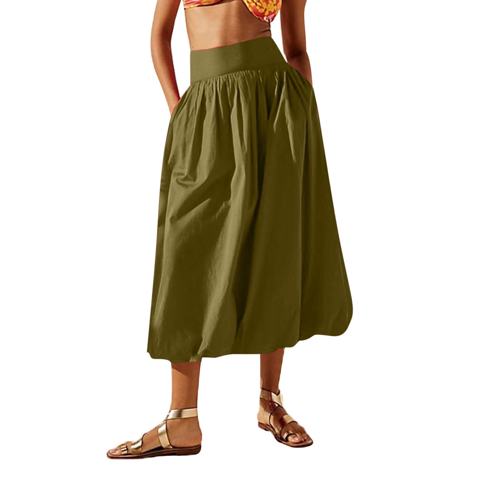 Women Bubble Maxi Skirt Summer Elastic High Waist a Line Long Skirt Casual Ruffle Pleated Midi Half Dress with Pockets Green L