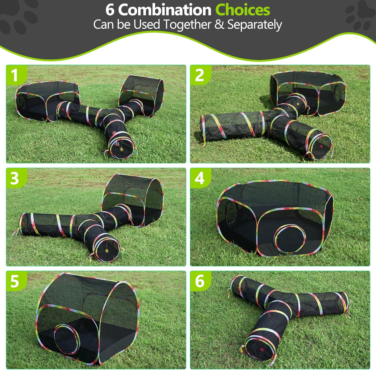 Outdoor Cat Enclosure with Cat Tunnel, Tent, Playhouse and Cat Toy Ball with Bell - Portable Indoor/Outdoor Playpen for Small Cats & Animals