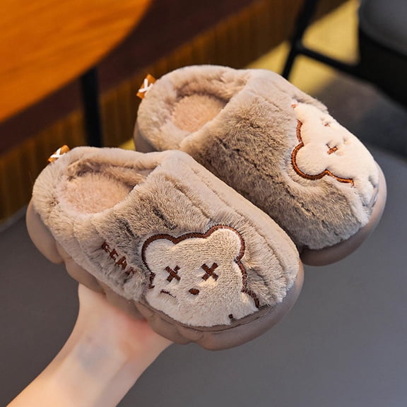 SGFCWSX Kids Teddy Bear Plush Slippers Warm Indoor Footwear for Girls Boys Cute Home Shoes Khaki Size 9-9.5 Years
