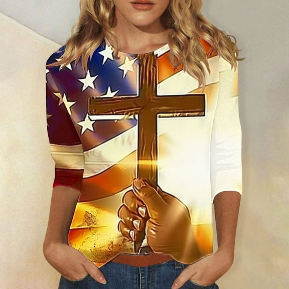 Cavosen Independence Day Clothes Women Plus Size Patriotic 3/4 Sleeve Crew Neck Tops USA Flag Print T Shirts Lady 2X Independence Day Casual Tops Funny 4th of July Tunic Tees 2025 Patriotic Clothes