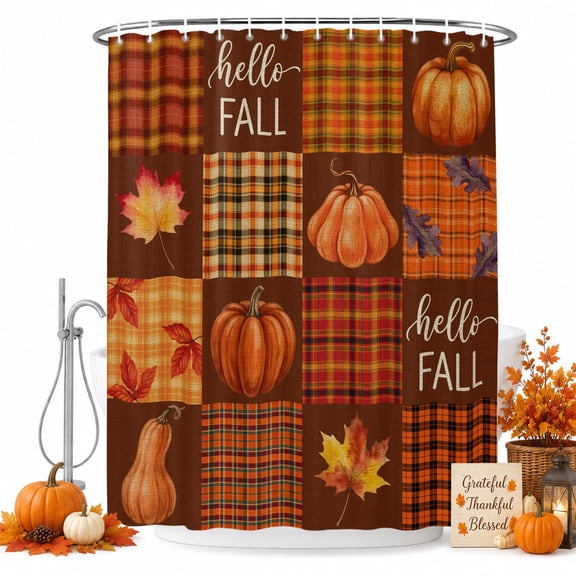 Hello Fall Patchwork Shower Curtain Set with Hooks, Rustic Pumpkin Maple Leaf Orange Brown Plaid Sturdy Water Repellent Shower Curtains for Bathroom Bathtub, Machine Washable 72x72 Inch