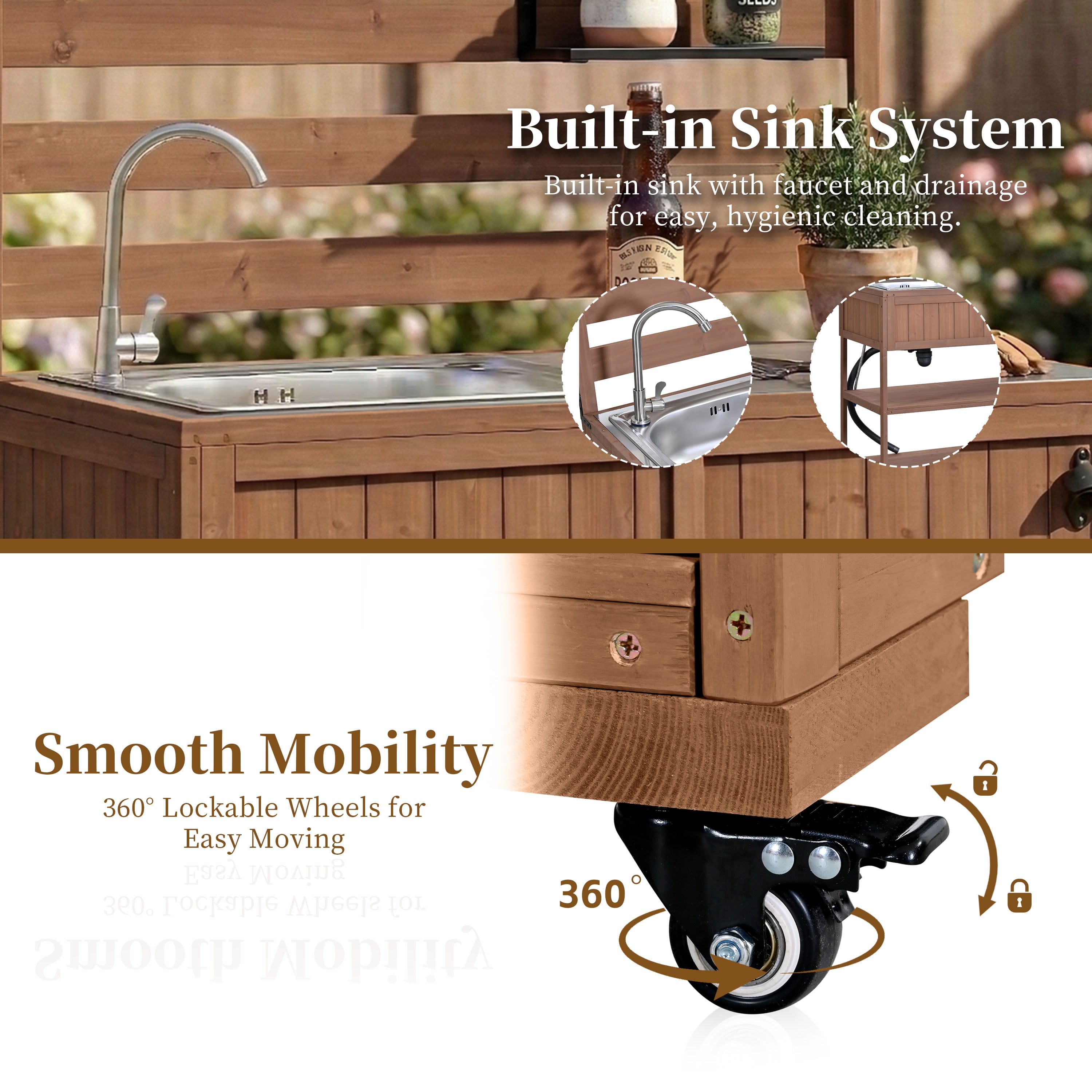Rolling Kitchen Island, 41.7 Inch Large Solid Wood Outdoor Cart with Sink for Patio Backyard, Brown