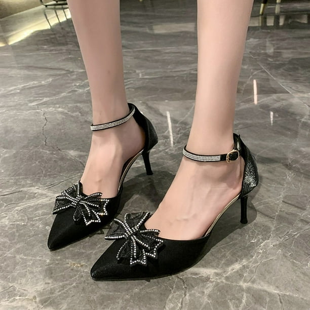 Women Elegant Silver High Heels Pumps Size 42 Woman Ankle Straps Party Shoes Female Pointed Toe Bowtie Wedding Shoes