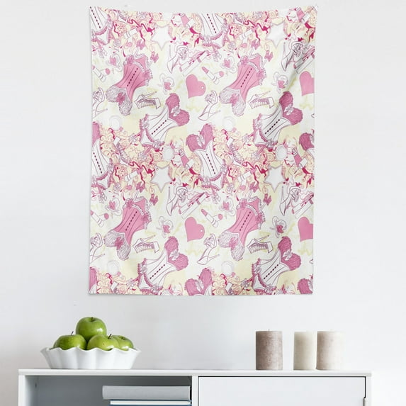 Fashion Tapestry, Old-Fashioned Female Corset Accessories Vintage Girls Room Floral Design Print, Fabric Wall Hanging Decor for Bedroom Living Room Dorm, 5 Sizes, Beige and Pink, by Ambesonne