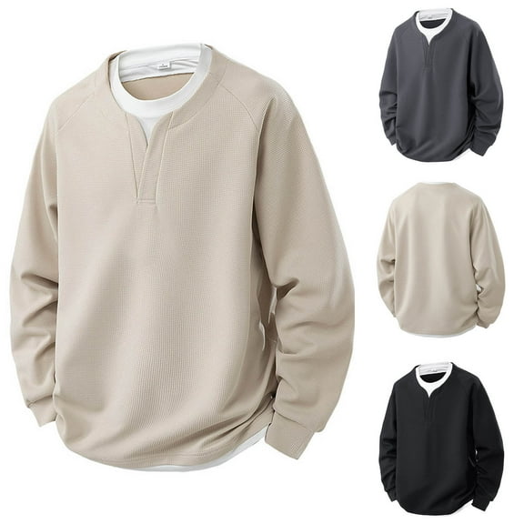 Men's Sweatshirt - Looks Like Two Piece - Travel Casual Long Sleeve V-Neck Pullover Men’s Solid Color Faux-Layer Tops Winter Clothes