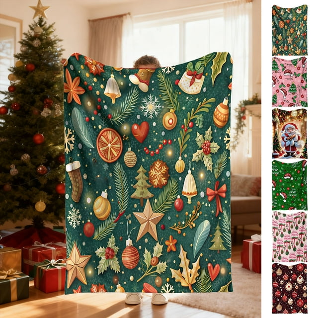 Bowayaoa Christmas Multicolor Polyester Throw Blanket, Soft Cozy Couch Sofa Cover, Festive Christmas Gift Box Snowflake Decor, Lightweight Warm Plush Fleece Blanket for Couch Bed