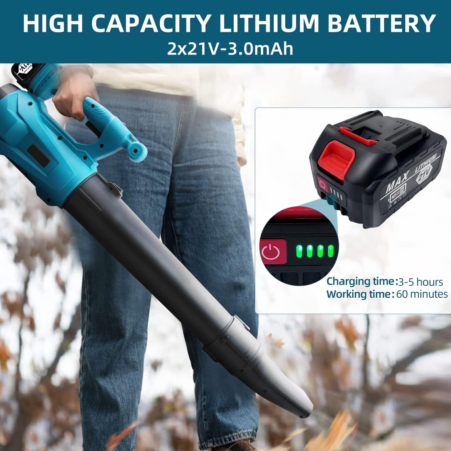 21V Cordless Leaf Blower, 150 MPH, 460 CFM, 6 Adjustable Speeds, Lightweight & Powerful for Lawn Care, Snow Blowing, and Debris Cleanup