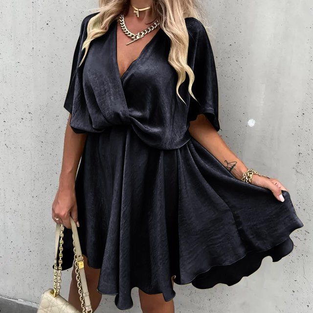Pisexur Robe à Manches Courtes Col en V Genou-Haut Mode Été Femme Robe Unie Manches Courtes Col en V Robe Chandail Femme