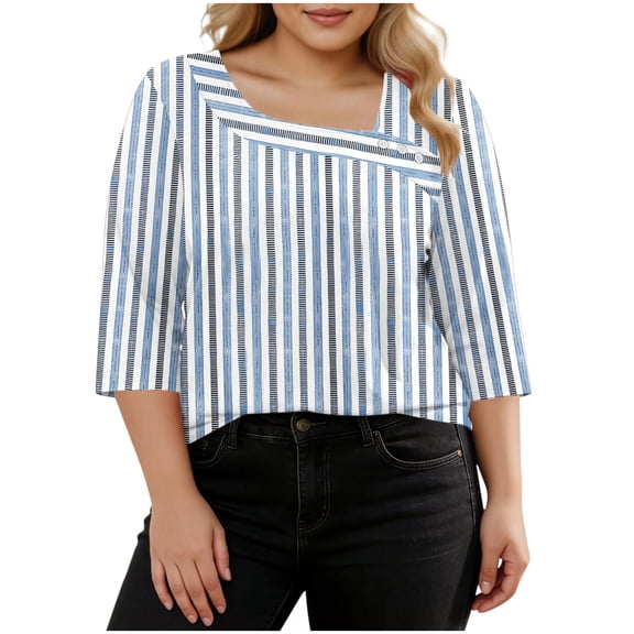 VEKDONE Womens Stripe Plus Size Tops 3/4 Length Sleeve Loose Fit Blouse Asymmetrical Neck Button Tunic Tops Summer Fashion Clothes Light Blue XXL