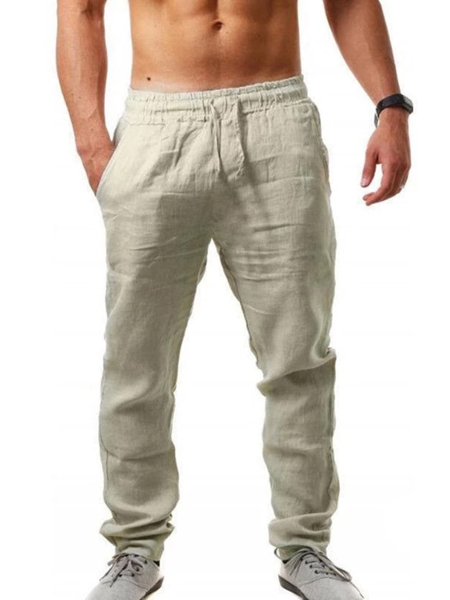Mens Cotton Linen Pants Casual Long Yoga Pants Loose Lightweight Beach Trousers 