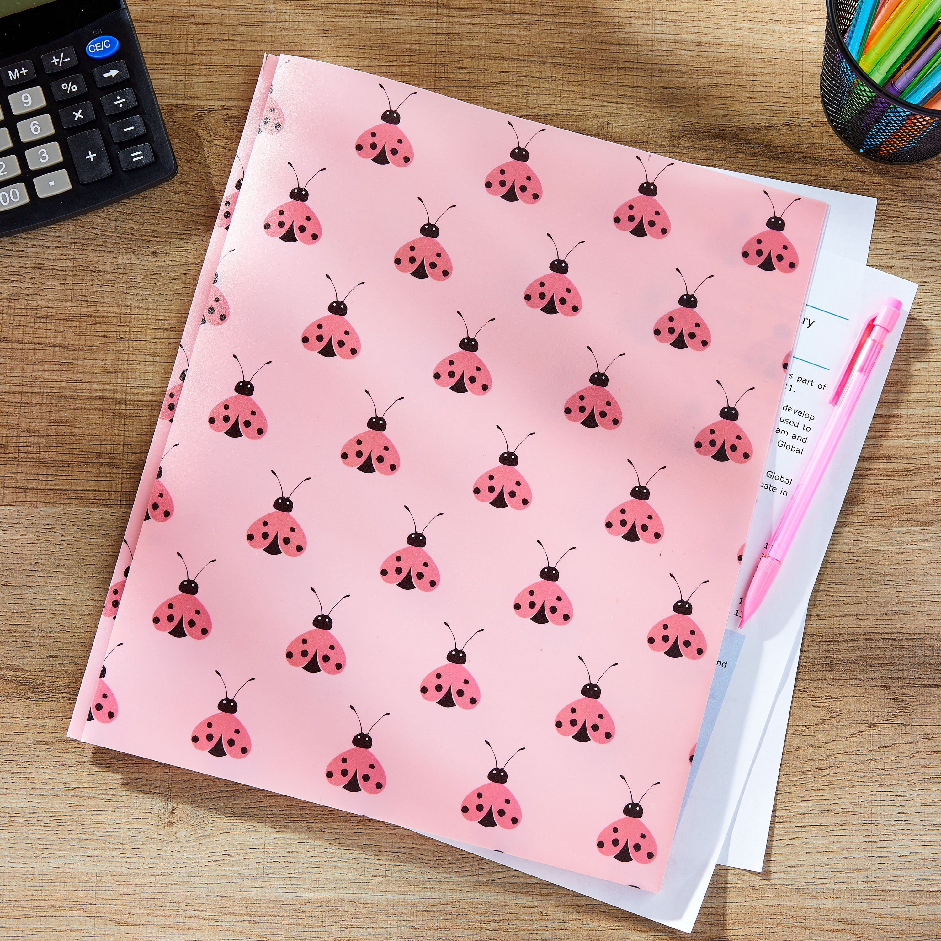 Pen+Gear Letter Size 2-Pocket Poly Folder with Prongs, 9.5" x 11.38", Pink Ladybugs