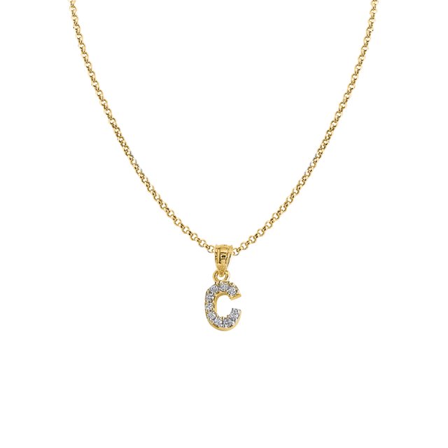Pendentif en Or Jaune 14 Carats avec Lettre Initiale en Zircone 'C' et Chaîne Rolo de 1,2 Mm
