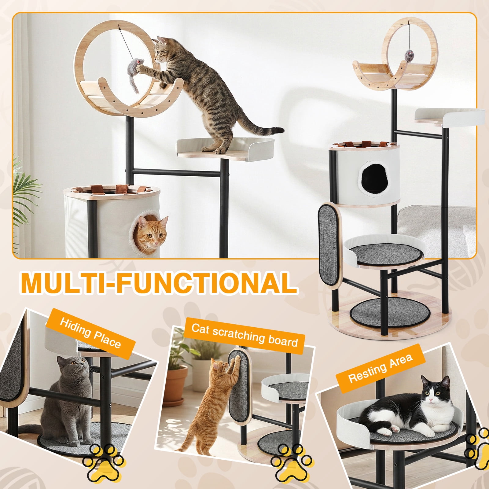 SHegdu Tall Cat Tree Multi-Level 66 inch Large Climbing Towers Pet Condos with Steel Frame Scratching Posts Platforms Pom Poms