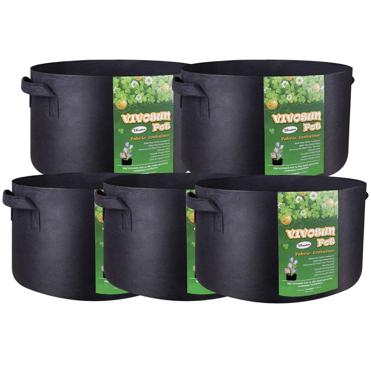 5 Pack 2-15 Gallon Plant Grow Bags Non-woven Aeration Fabric Garden Planter Pot 