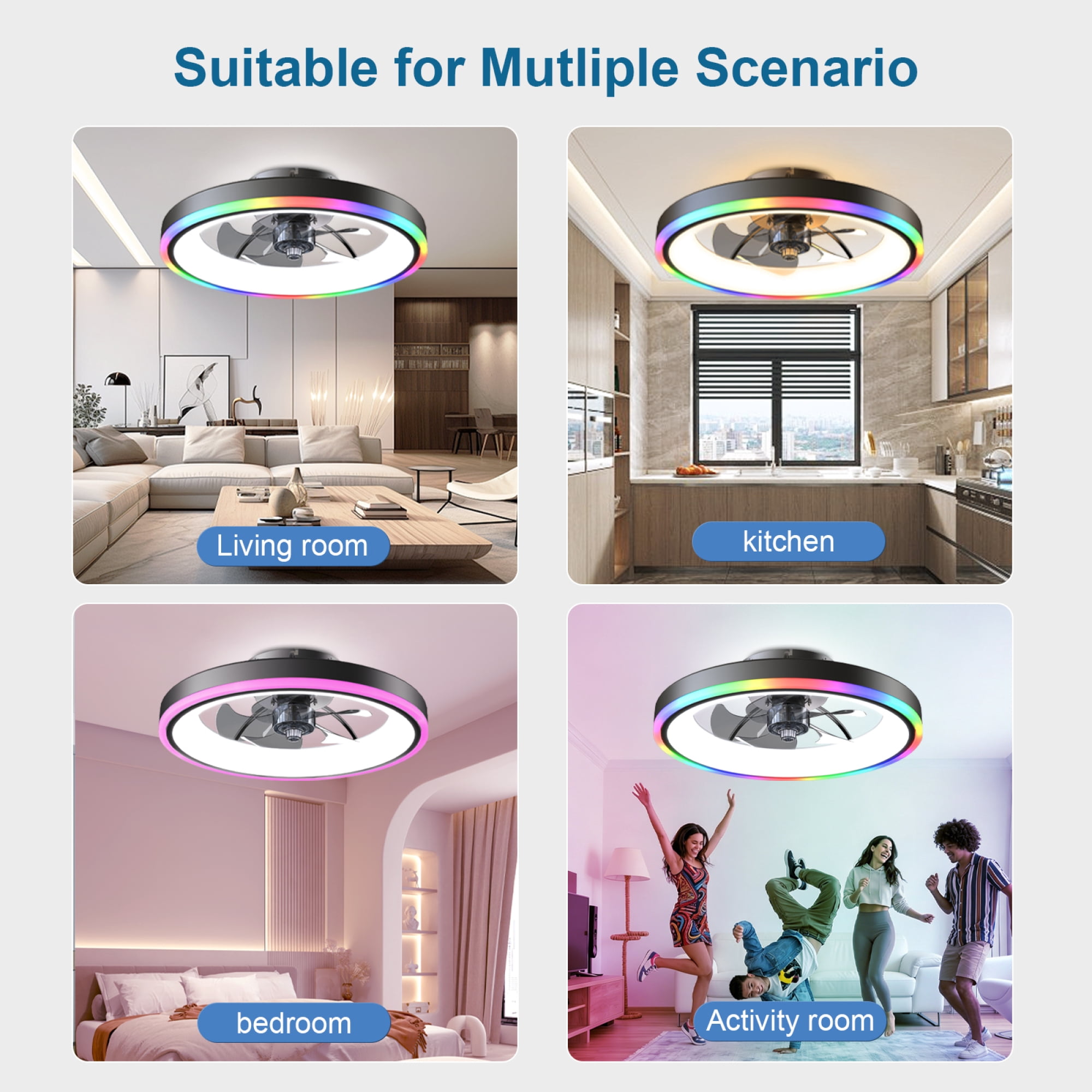 Leumius 19.7" Modern RGB Ceiling Fan with Lights, Flush Mount Low Profile Fan with Remote & APP, 6-Speed Reversible Silent DC Motor, Dimmable 3000-6500K LED for Bedroom Living Room Black