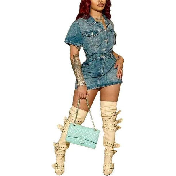 LETSVDO Mini vestido de mezclilla para mujer manga larga con botones solapa tipo cargo vestidos cortos de mezclilla trajes de club incluidas