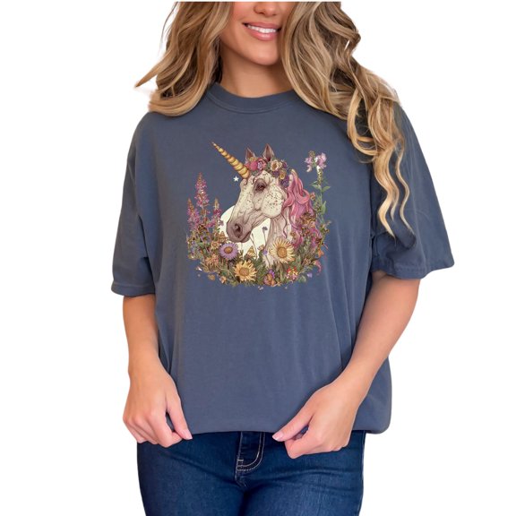 Magical Unicorn T-Shirt, Fantasy Horse with Flower Crown, Cute Unicorn Tee for Unicorn Lovers, Pastel Floral Unicorn Shirt, Denim Comfort Colors T-Shirt, Small