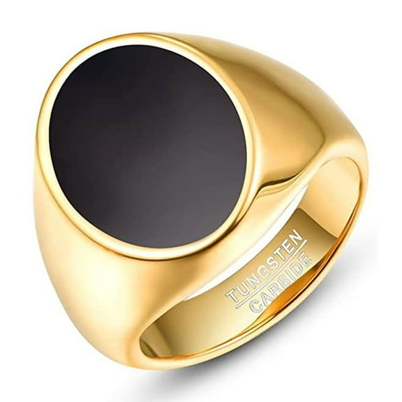 NUNCAD Men's Gold Plated Signet Ring Round Tungsten Carbide Band Ring Size 7 - 12