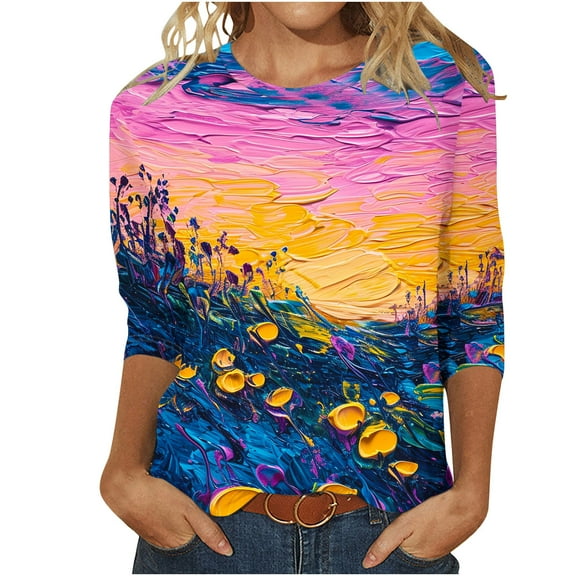 Women's Round Neck Blouse Y2K Tops Dressy Casual Tie Dye Ombre 3/4 Sleeve Tunic Tops Loose Fit Flowy Fashion 2024 Spring Elegant Shirts Vintage Summer Clothes for Teen Girls Multicolor T Shirts S