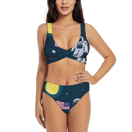 Zeuib Astronaut With USA Flag High Waisted Tummy Control Bikini Set - Knot Front Push Up Top & Cheeky Thong Bottom  Two-Piece Swimsuit for Women-XX-Large