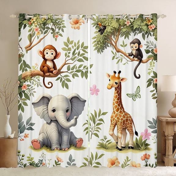 Feelyou Cute Elephant Print Black Out Curtains for Kids, Jungle Giraffe Monkey Curtains Pack of 2 (42x63 Each), Kawaii Zoo Animal Bedroom Curtains, Black Out Curtains Decor