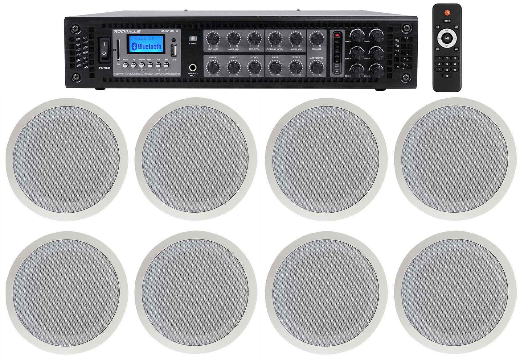 Mini Amp & 2 Low Profile Speakers-Stereo HiFi Sound Bluetooth Ceiling Music Kit 