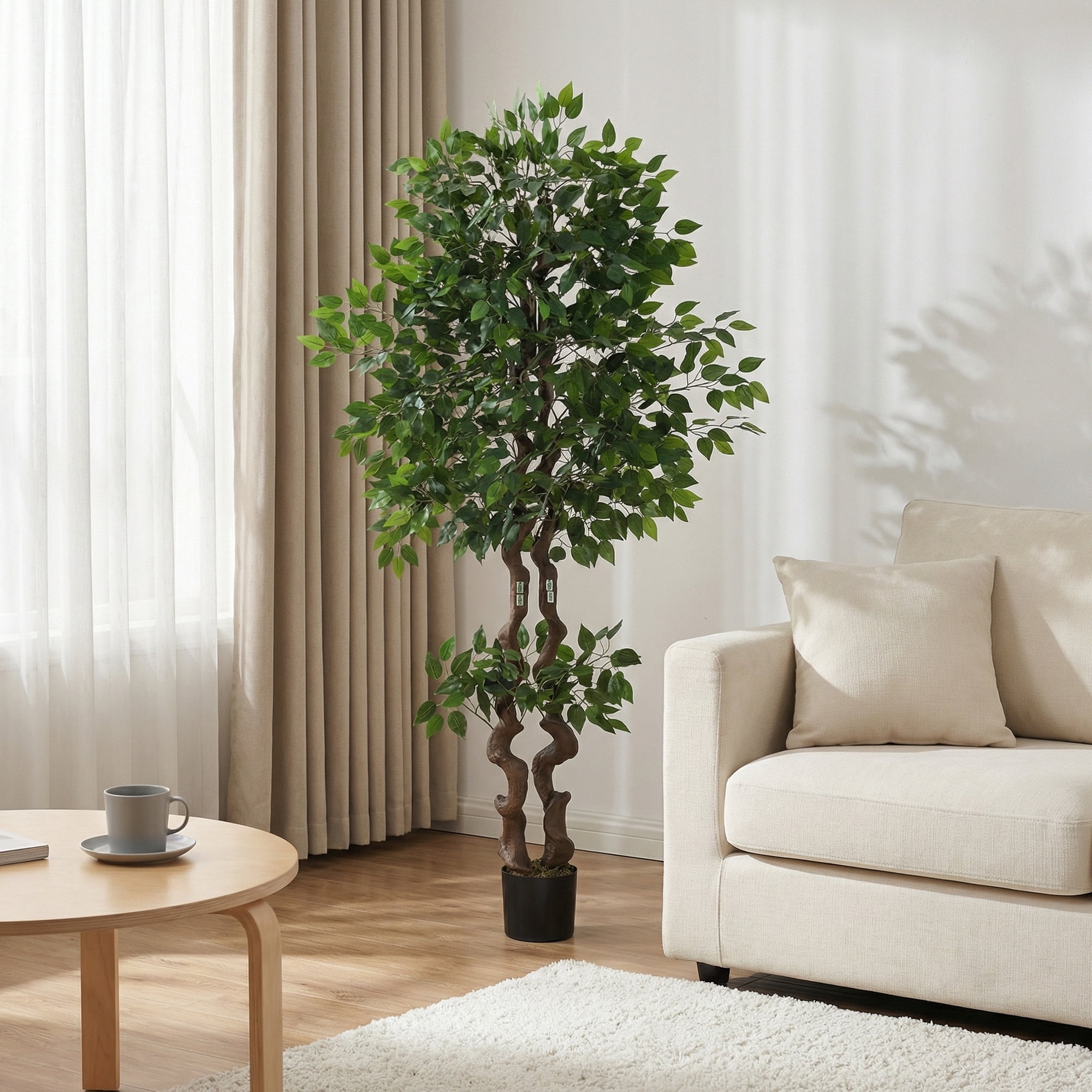 6ft Large Artificial Ficus Tree, Tall Faux Banyan Tree Floor Plant with Realistic PVC Trunk and Full Dense Foliage, Indoor Home Office Living Room Decor
