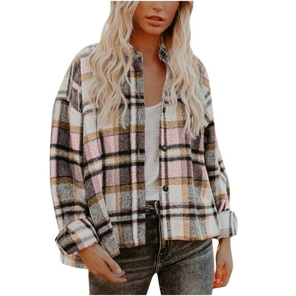 Shacket Jacket for Women Casual Flannel Plaid Shirts Long Sleeve Button Down Blouses V Neck Collared Coat with Pockets