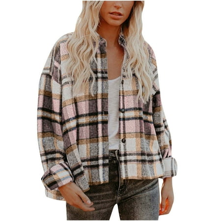 

jsaierl Womens Long Sleeve Lapel Plaid Shacket Woolen Button Down Shirt Jacket