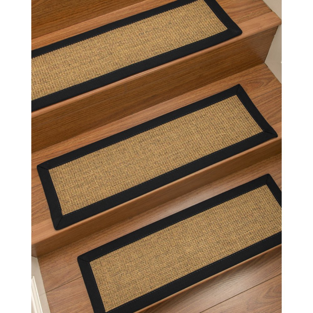 Natural Area Rugs "Sorrento" Sisal Tan/Multi, Custom Stair Treads (9" x 29") Set of 8, Black