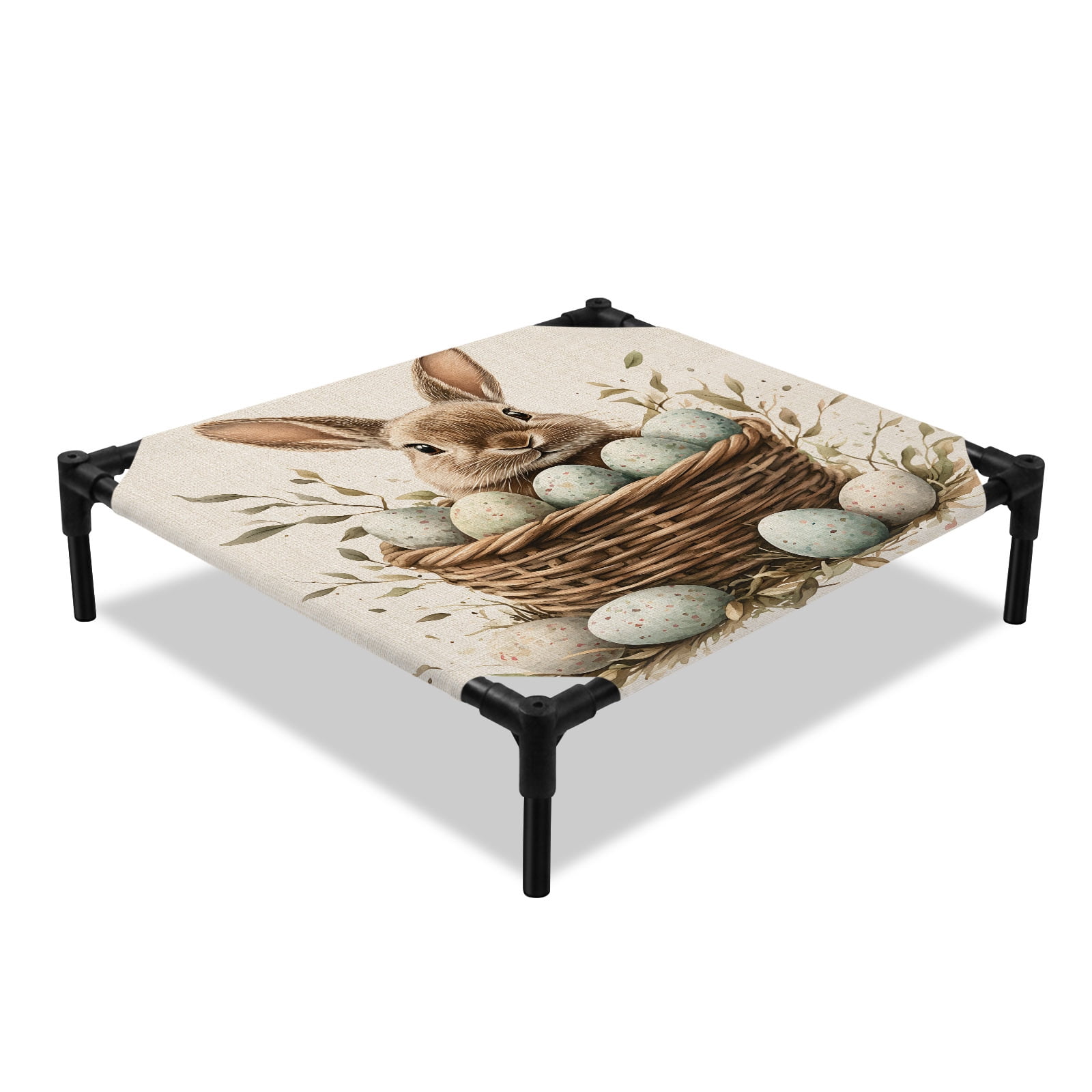 Easter Rabbit Elevated Dog Bed Vintage Basket Green Eggs Country Leaf Greenery Linen Texture Cooling Breathable Outdoor Raised Dog Cot Bed with Metal Frame Non-Slip Feet for Small Dog 20x20in
