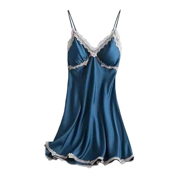DuoJiaJ Women Summer Thin Nightdress With Chest Pad Lace Thin Dress Women's Pajama Shorts Set Blue