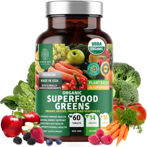 Organic Superfood Greens, 28 Greens, Fruits and Vegetable Supplement for Energy, Immunity and Gut Health, 60 Ct
